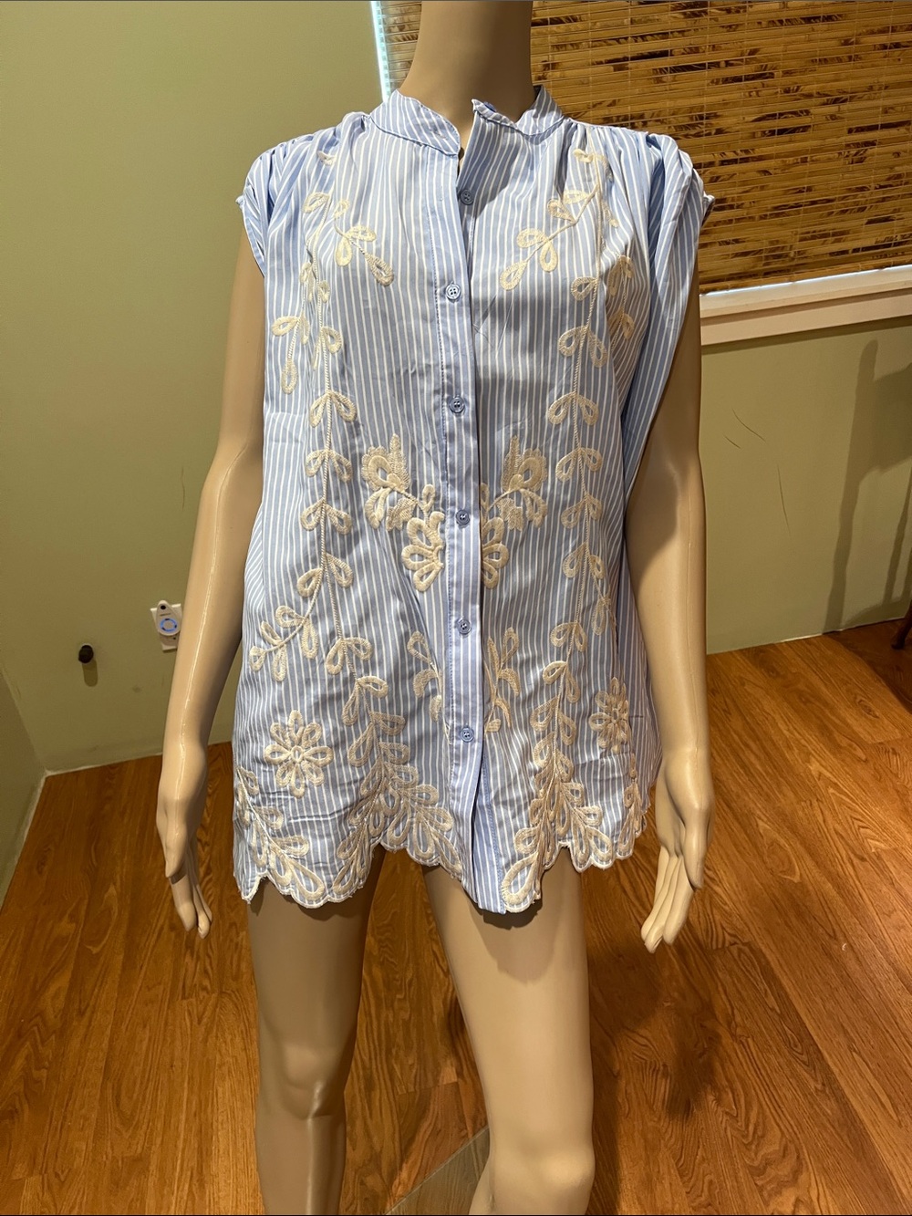 Cotton  Light Blue  and White Striped with Embroidery size M
